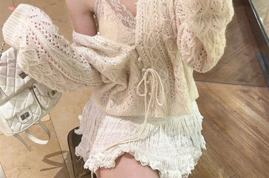 V-Neck Plain Pointelle Cardigan / Halter Bow Lace Cami Top Product Image