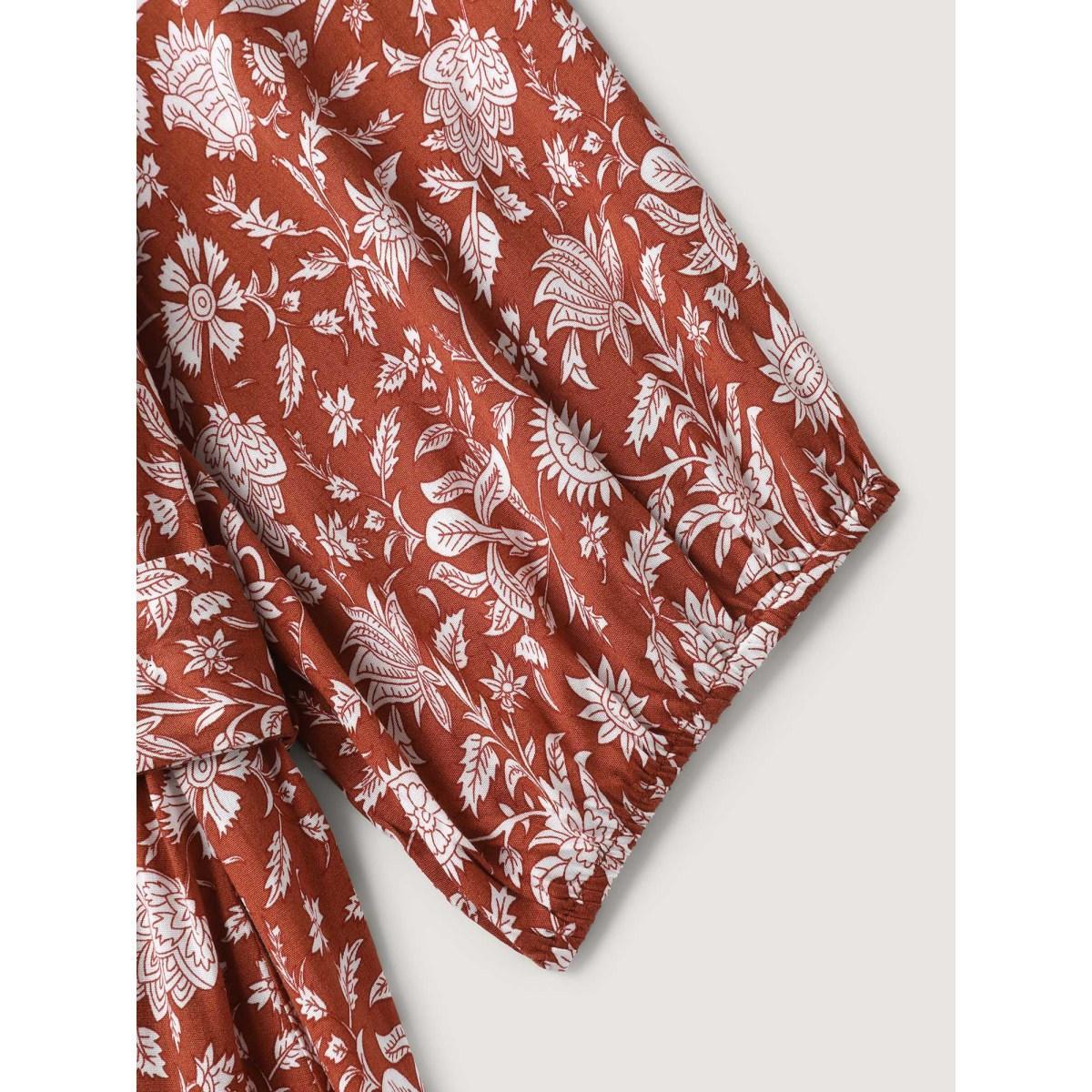 Plus Size Rayon Silhouette Flower Side-Tie Midi Dress Coral Women Overlap Collar Elbow-length sleeve Curvy BloomChic 30/6X Product Image