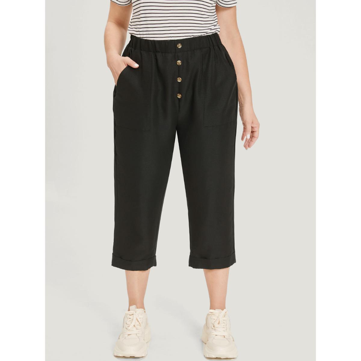 Plus Size Solid Pocket Button Detail Elastic Waist Pants Women Black Casual High Rise Dailywear Pants BloomChic 30/6X Product Image
