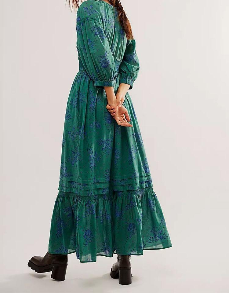 Puff-Sleeve V-Neck Floral Print Maxi A-Line Dress Product Image