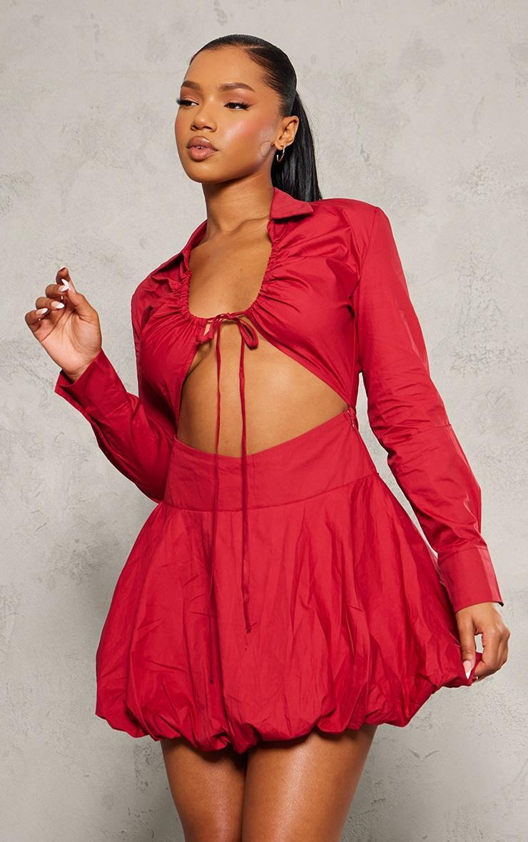 Red Ruched Cut Out Detail Puffball Dress Product Image