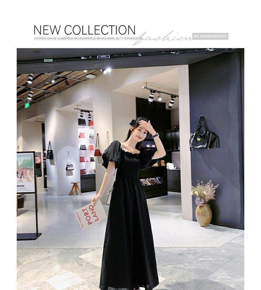 Puff-Sleeve Square-Neck Plain Ruffled Wide Leg Jumpsuit Product Image