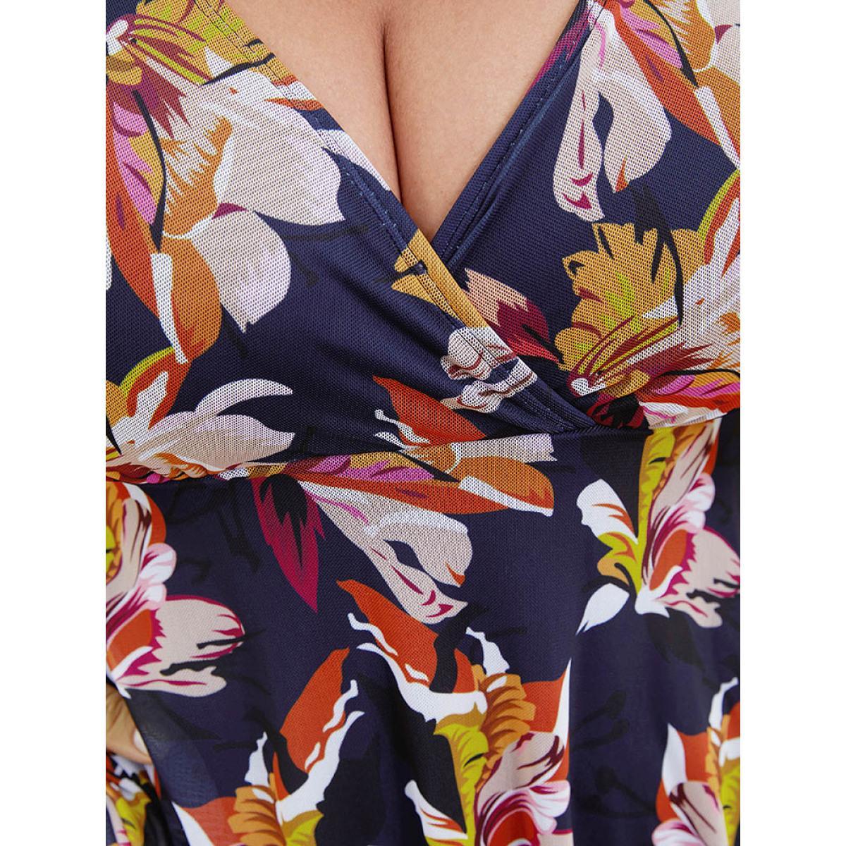 Plus Size Floral Mesh Surplice Neck Ruffles Swim Dress Women's Swimwear Indigo Vacation Bodycon V-neck High stretch Curve Swim Dresses BloomChic 12/L Product Image