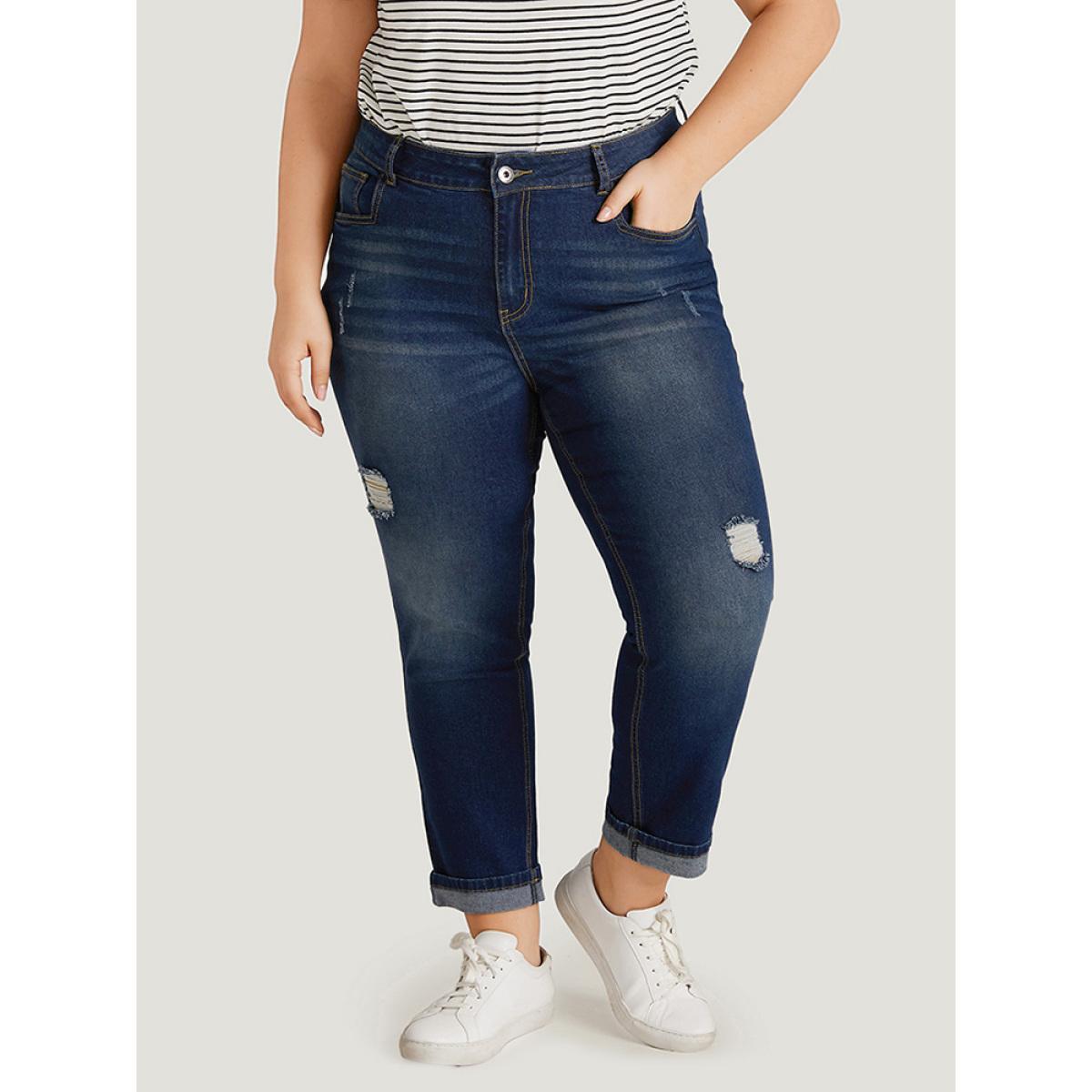 Plus Size Ripped Roll Hem Pocket Very Stretchy Jeans Women Indigo Casual Plain Plain High stretch Jeans BloomChic 26/4X Product Image