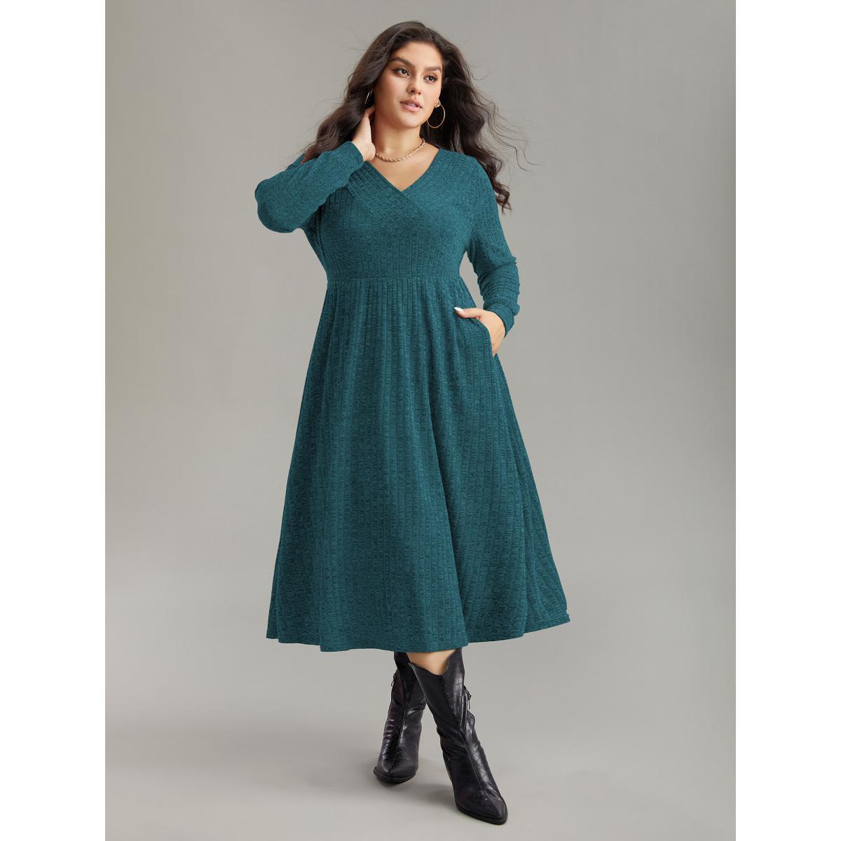 Plus Size Rib Knit Plain Plisse Long Sleeve Dress Aegean Women Casual Rib Knit V-neck Long Sleeve Curvy Midi Dress BloomChic 18-20/2X Product Image