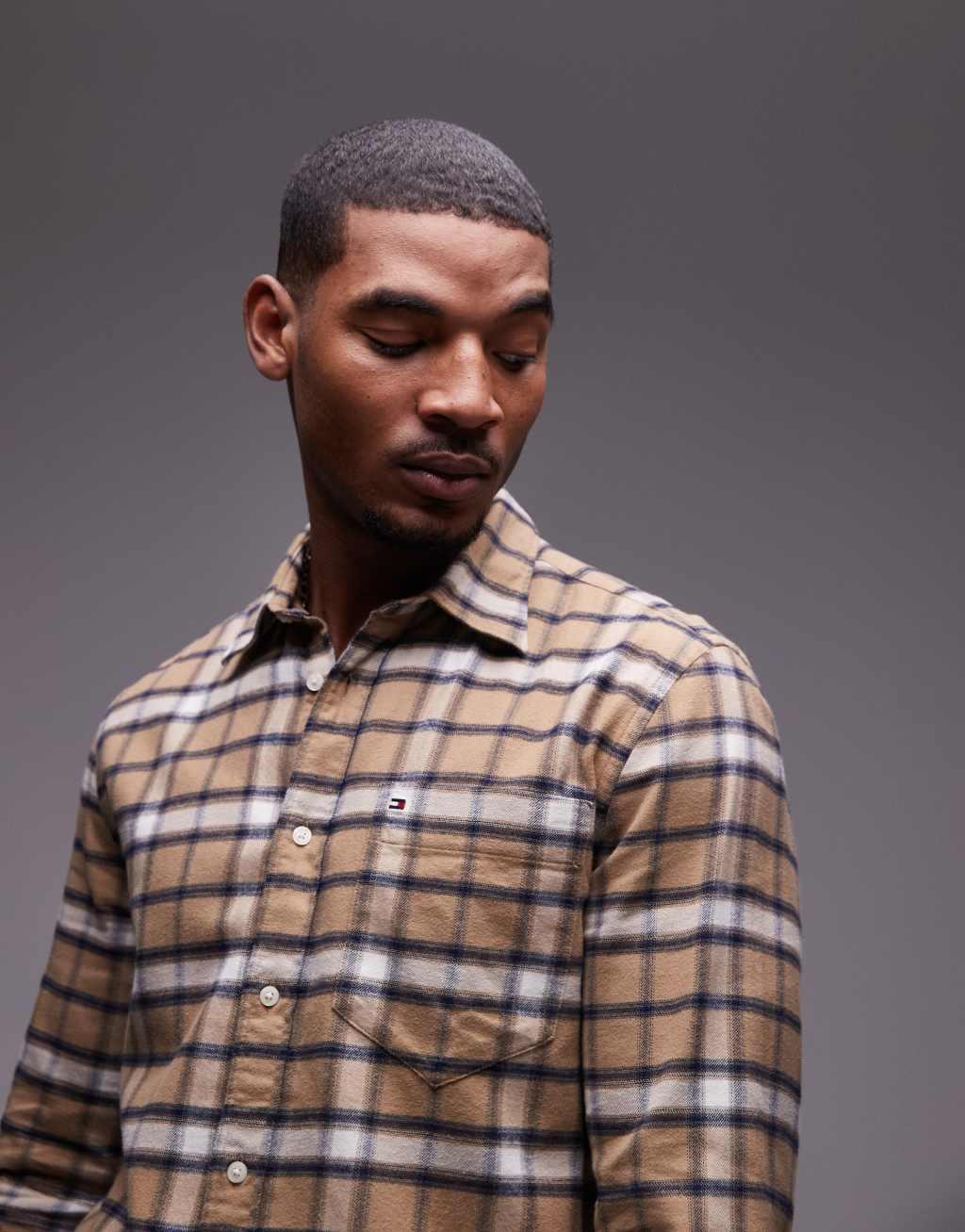 Tommy Hilfiger brushed shadow plaid shirt in tan Product Image