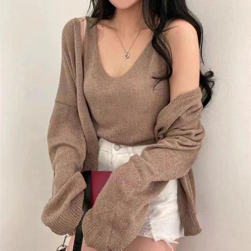 Set: V-Neck Plain Knit Crop Tank Top + Cardigan Product Image