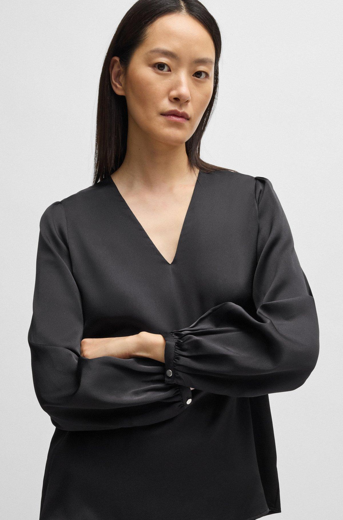 BOSS - Regular-fit blouse with V neckline in hammered satin - Black Product Image