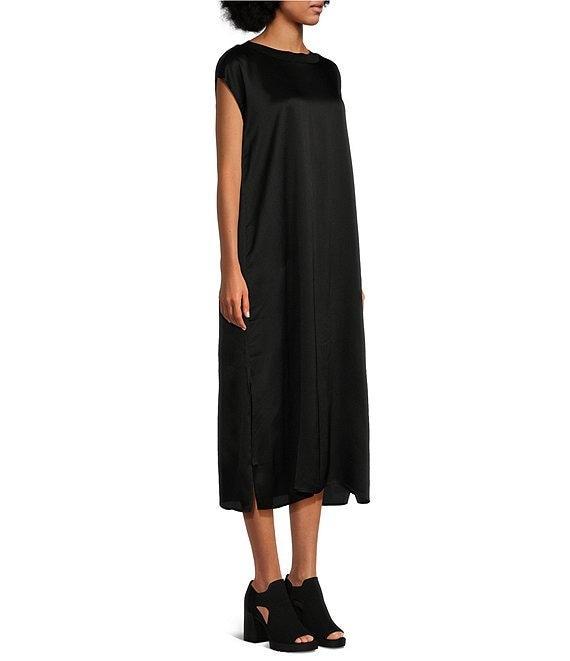 Eileen Fisher Striated Silk Satin Boat Neck Cap Sleeve Side Slit Boxy Midi Dress Product Image
