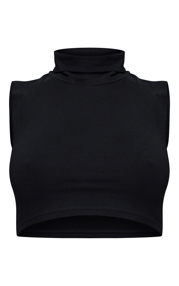 Basic Black Cotton Blend Roll Neck Sleeveless Crop Top Product Image