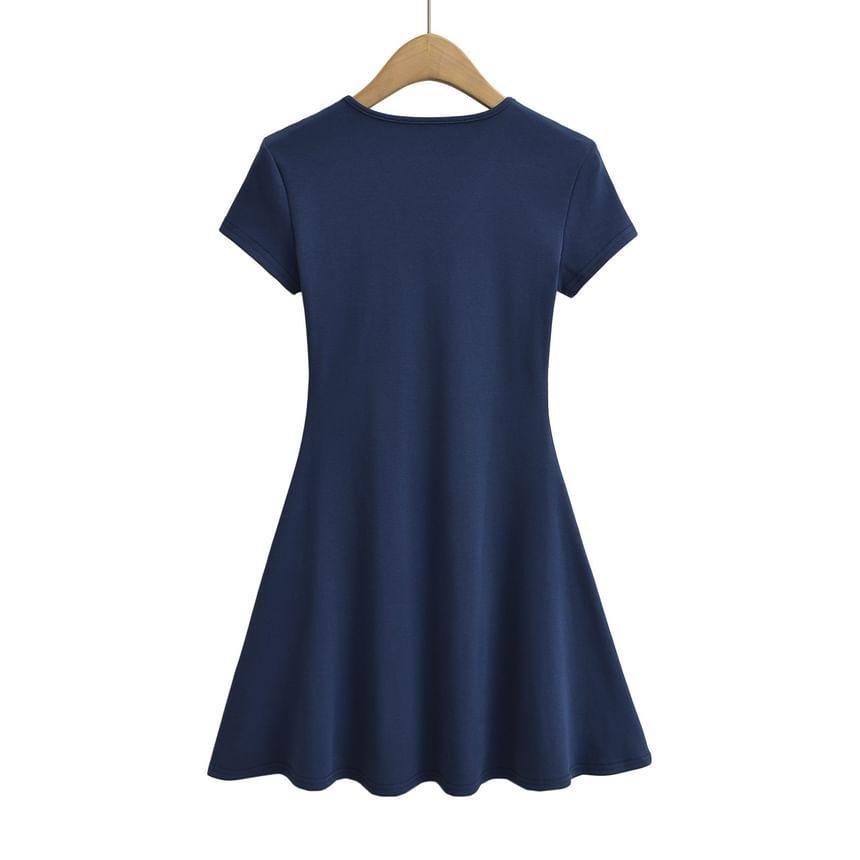 Short Sleeve V-Neck Plain Mini A-Line Dress Product Image