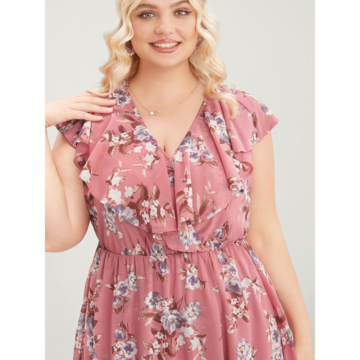 Plus Size Floral Print Ruffle Trim Pocket Sleeveless Wrap Dress DustyPink Women Elegant Elastic Waist Overlap Collar Sleeveless Curvy Midi Dress BloomChic 18-20/2X Product Image