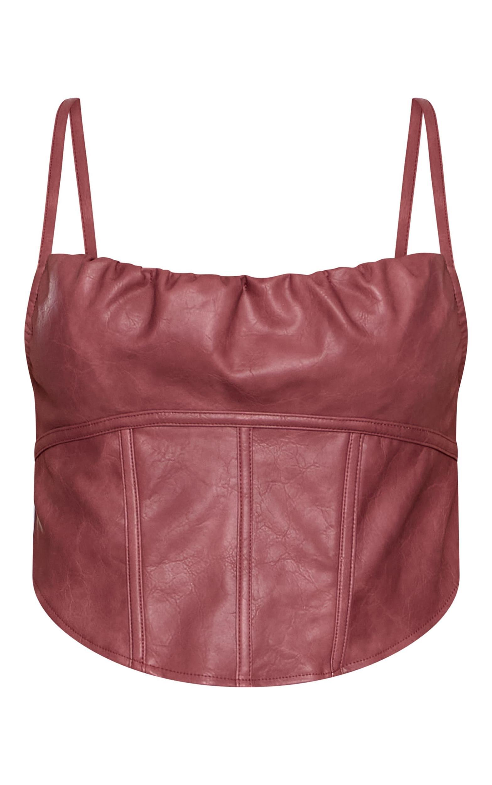 Mauve Faux Leather Ruched Bust Boned Dip Hem Corset Product Image