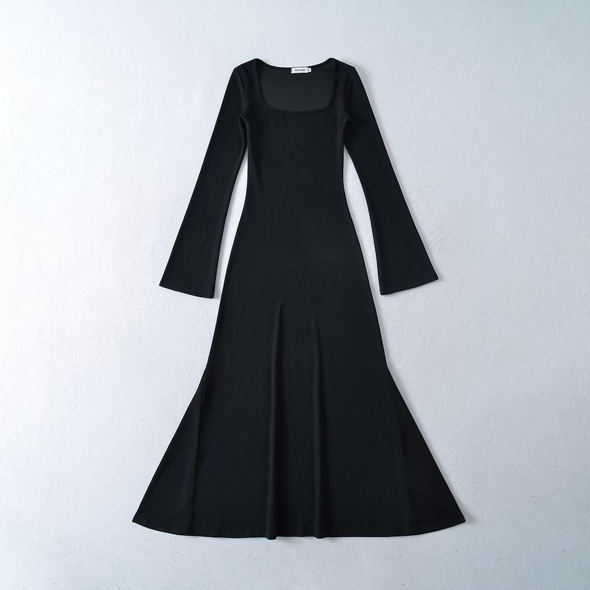 Long-Sleeve Square-Neck Plain Midi Bodycon Dress Product Image