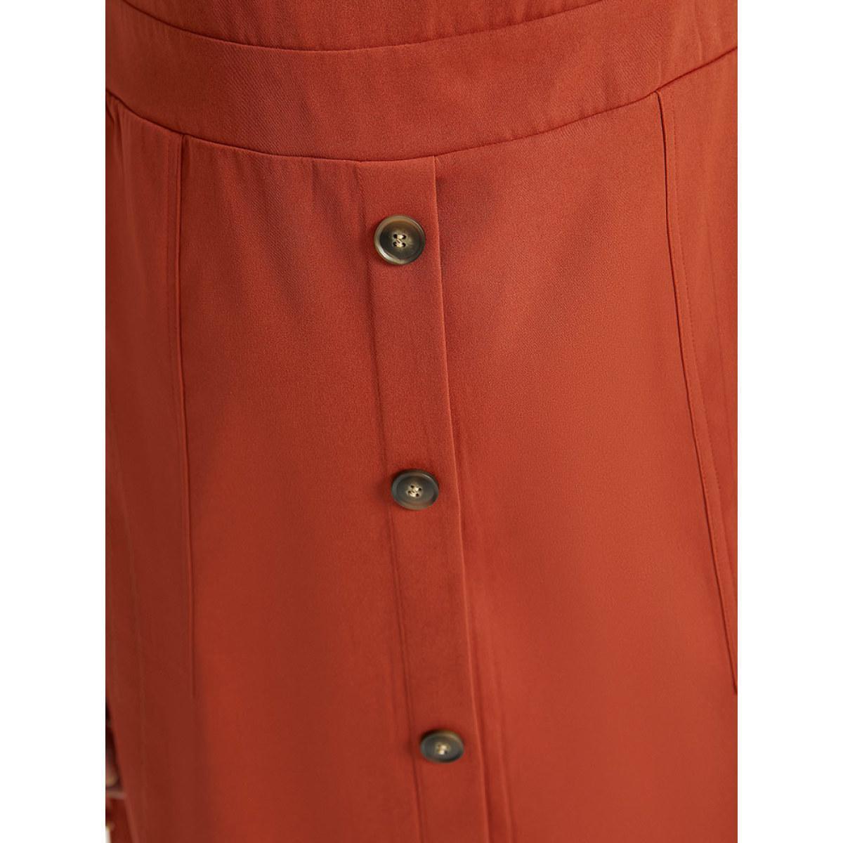 Plus Size Plain Button Up Pocket Suspender Skirt Brown Women Casual Adjustable Straps Spaghetti Strap Sleeveless Curvy Knee Dress BloomChic 30/6X Product Image