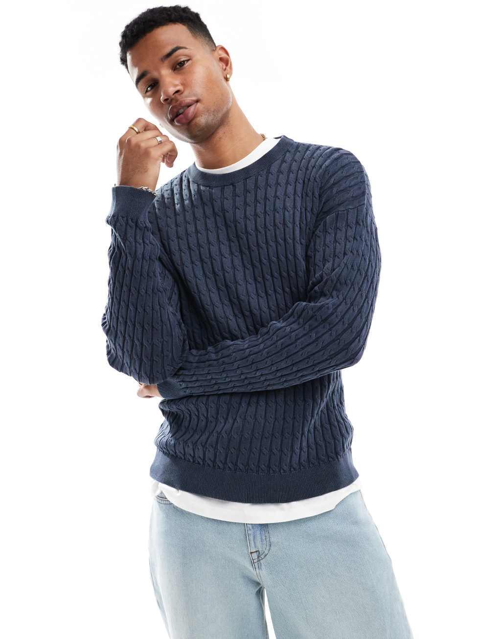 ASOS DESIGN relaxed washed knit cable knit sweater in navy Product Image