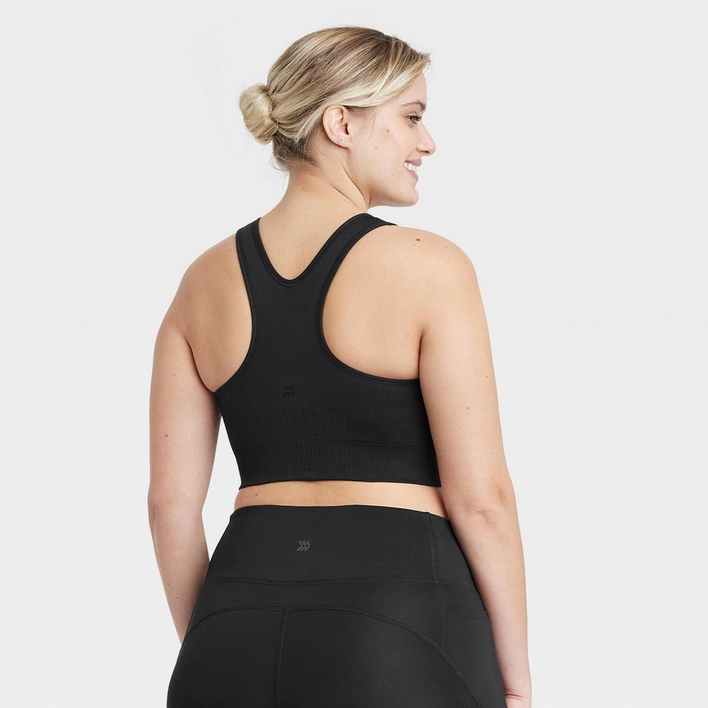 Women's Seamless Medium Support Racerback Midline Sports Bra - All In Motion™ Black M: Moisture Wicking, Removable Padding Product Image