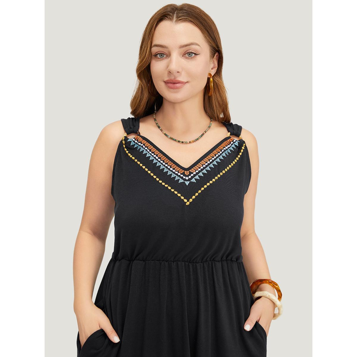 Plus Size Geometric Embroidered Buckle Detail Pocket Ruffle Hem Cami Dress Black Women Vacation Embroidered V-neck Sleeveless Curvy Midi Dress BloomChic 10/M Product Image