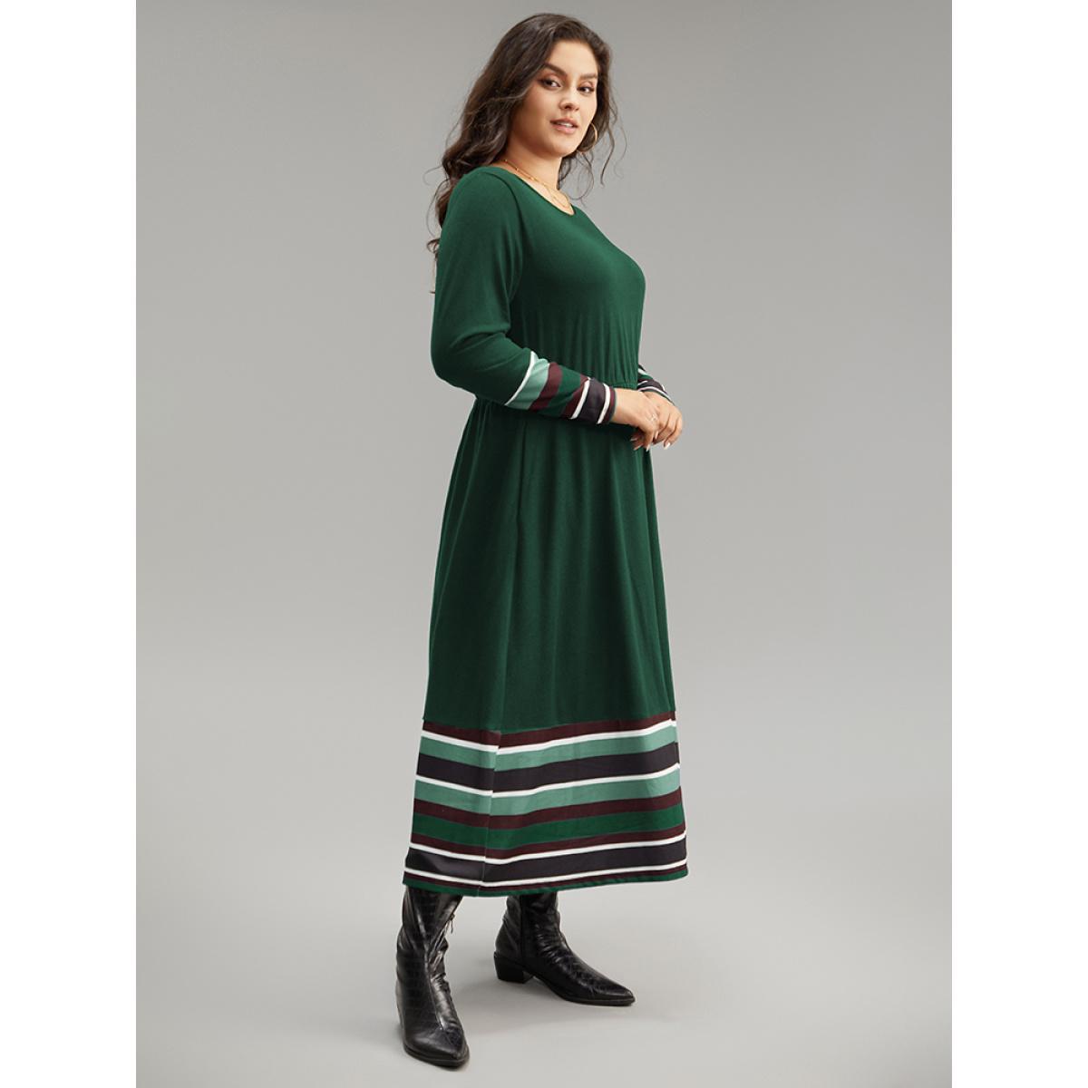 Plus Size Striped Patchwork Contrast Crew Neck Dress DarkGreen Women Casual Contrast Round Neck Long Sleeve Curvy Midi Dress BloomChic 22-24/3X Product Image