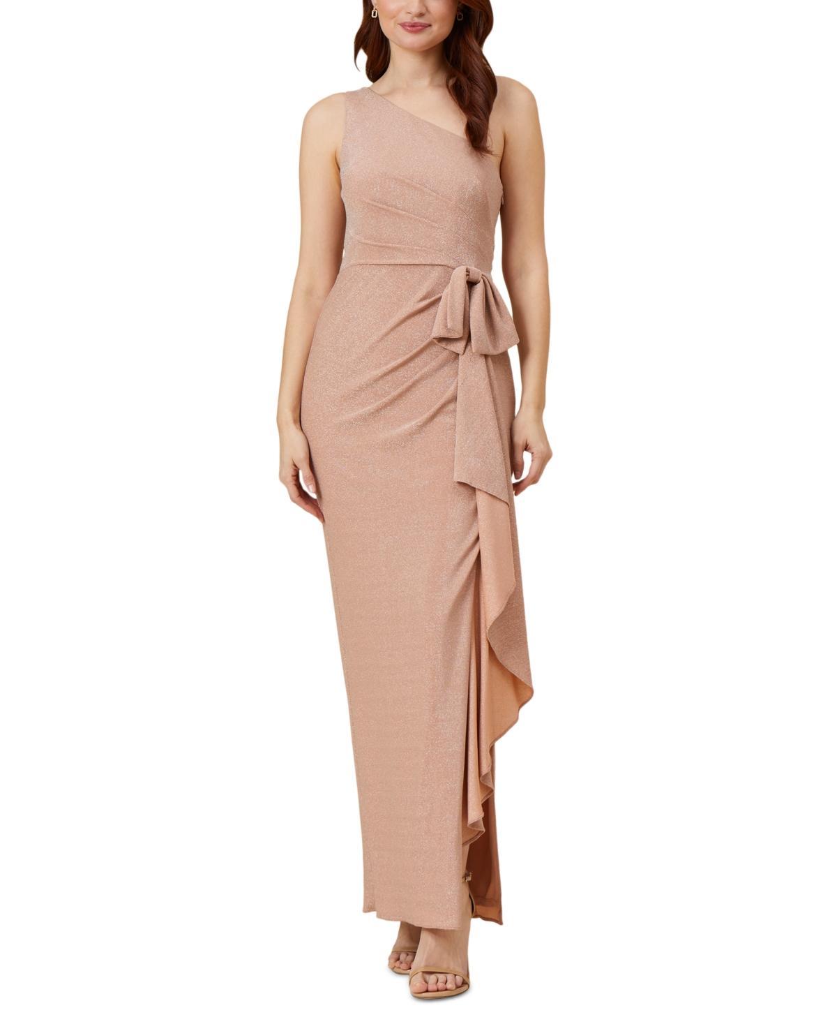 Adrianna Papell Long Stretch Metallic Knit One Shoulder Cascade Side Draped Gown (Ginger) Women's Dress Product Image