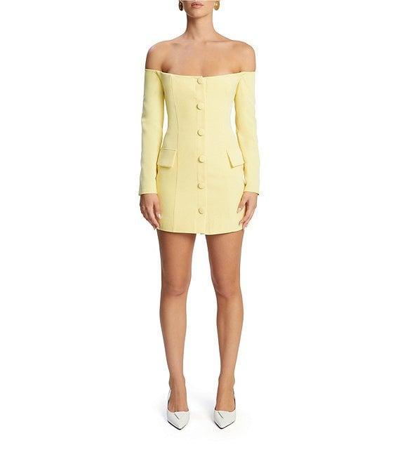 Bardot Iria Off-The-Shoulder Neck Long Sleeve Button Front Bodycon Mini Dress Product Image