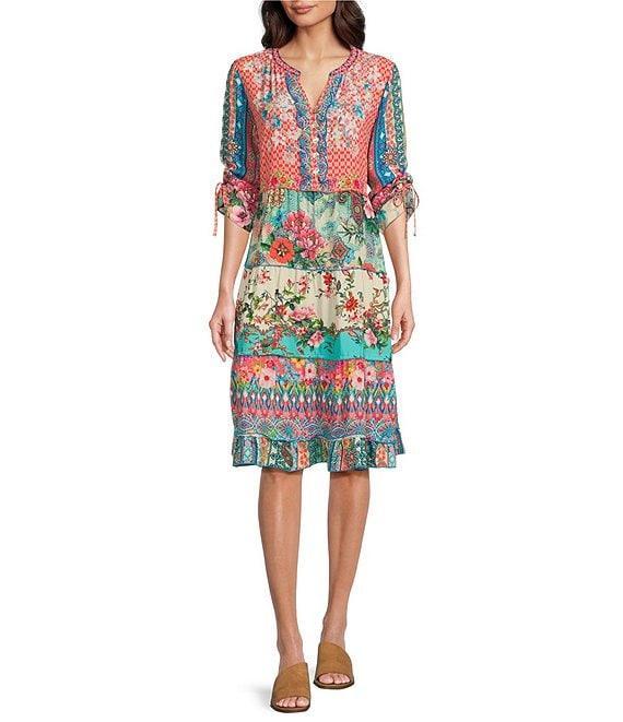 John Mark Multi Print Embroidered Y-Neck 3/4 Cinch Tie Sleeve Dress Product Image