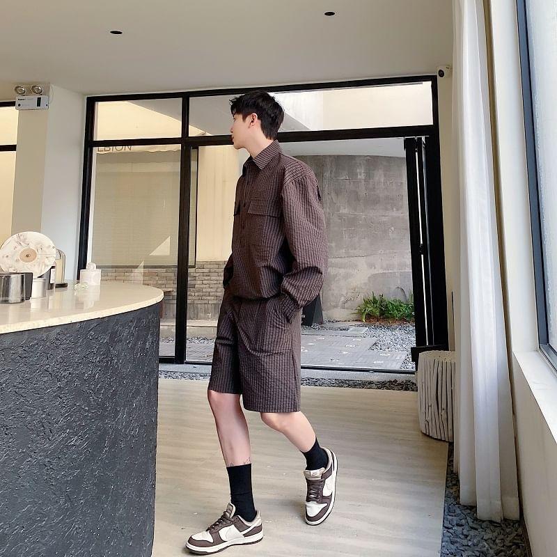 Set: Collared Striped Shirt + Mid Rise Shorts Product Image