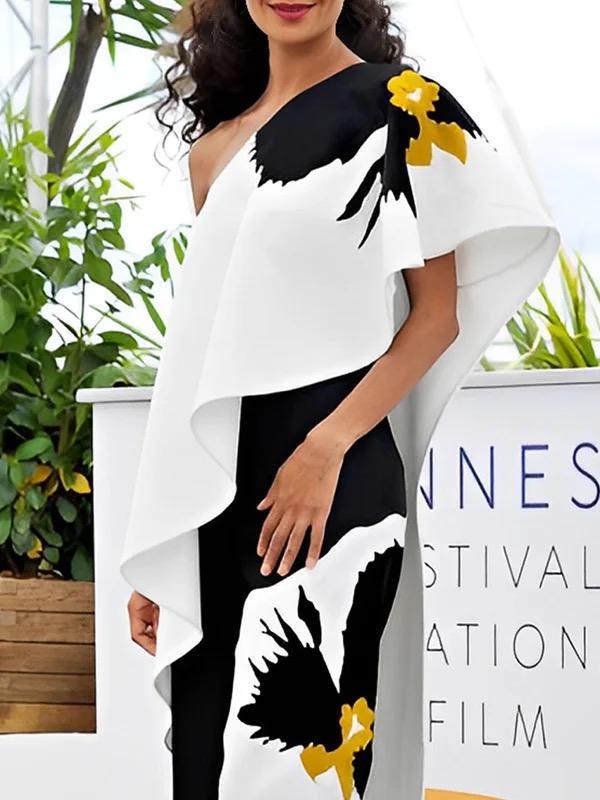 Loose Sleeveless Asymmetric Flower Print One-Shoulder Blouses&Shirts Tops Product Image