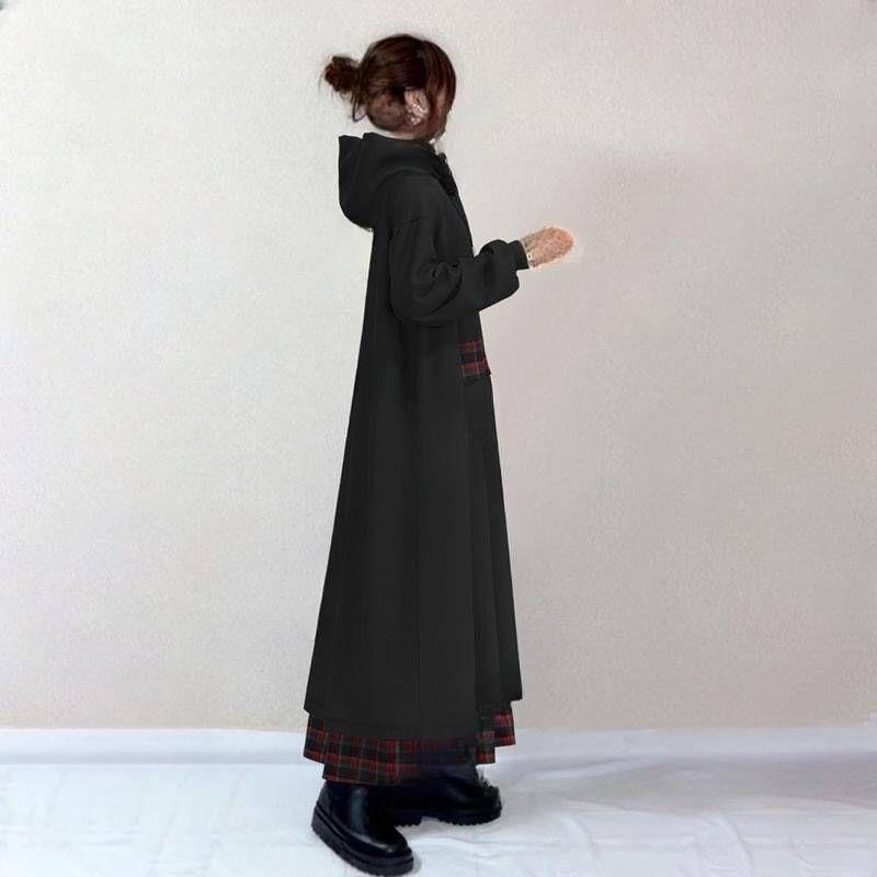 Long Sleeve Plaid Panel Hooded Maxi Dress Product Image