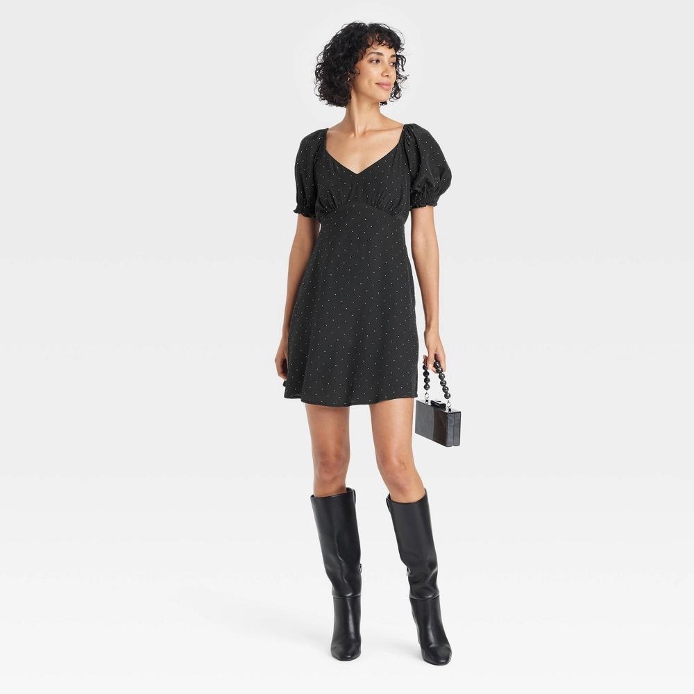 Womens Short Sleeve Crepe Mini A-Line Dress - A New Day Polka Dots S: Rayon, V Neck, Balloon Sleeve, Side Pocket Product Image