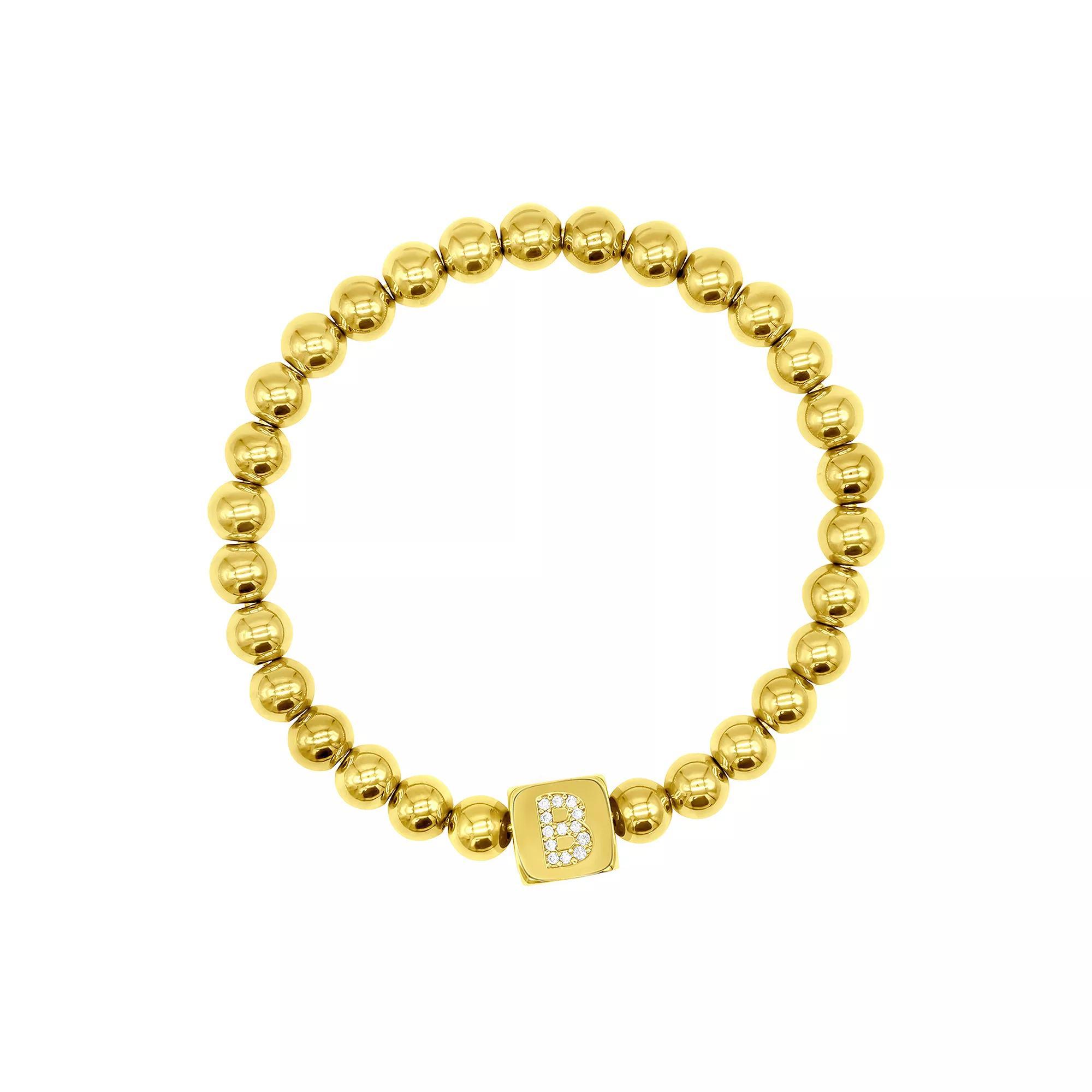 Adornia Gold Tone Initial Cubic Zirconia Cube & Bead Stretch Bracelet, Womens Product Image
