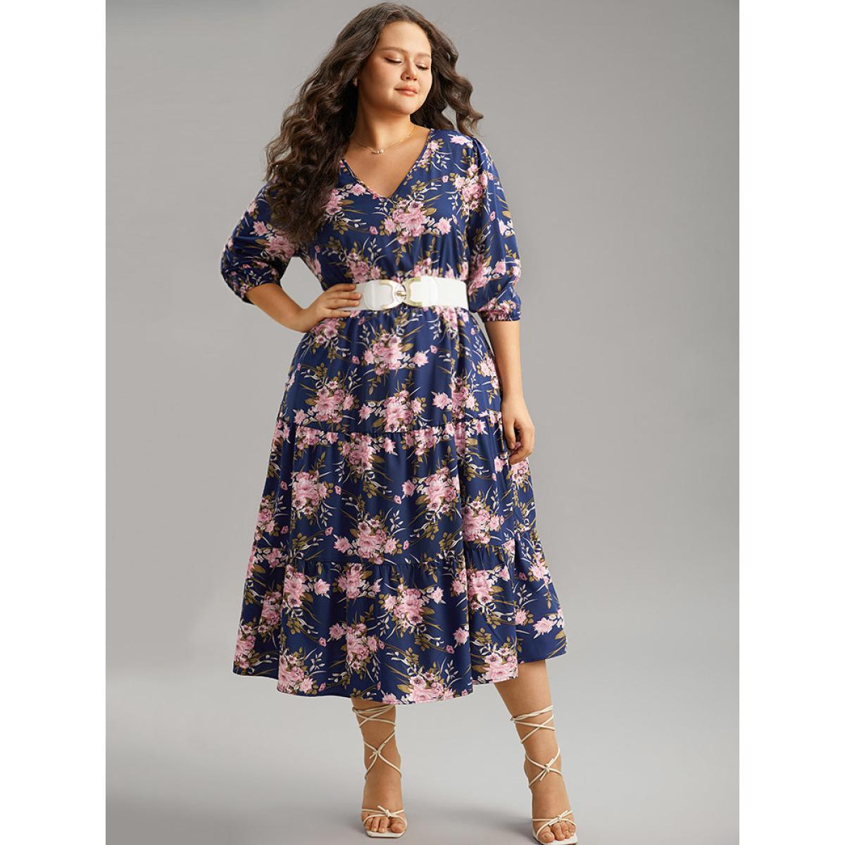 Plus Size Floral Print Shirred Elastic Cuffs Dress DarkBlue Women Elegant Pocket V-neck Elbow-length sleeve Curvy Midi Dress BloomChic 18-20/2X Product Image
