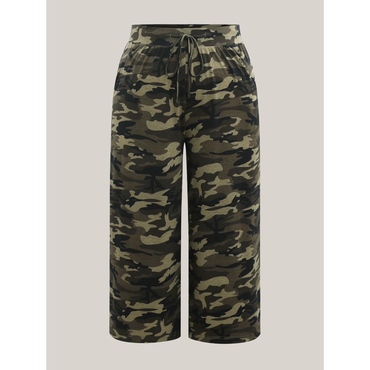 Plus Size Camouflage Print Tie-Waist Wide-Leg Pants Women ArmyGreen Casual Wide Leg Mid Rise Everyday-Casual Pants BloomChic 14-16/1X Product Image