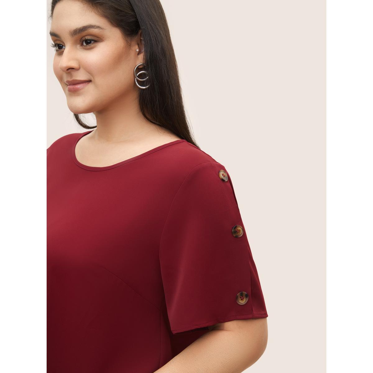 Plus Size Scarlet Plain Round Neck Button Detail Blouse Women Casual Short sleeve Round Neck Everyday Blouses BloomChic 14-16/1X Product Image