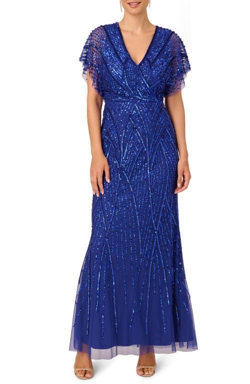 Adrianna Papell Beaded V-Neck Short Flutter Sleeve Mermaid Gown Product Image