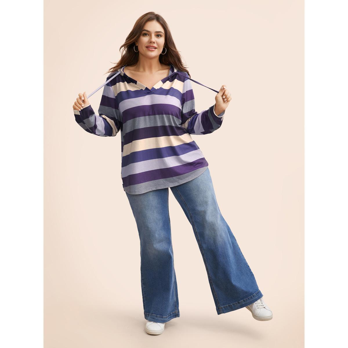 Plus Size Contrast Striped Hooded Drawstring T-shirt Eggplant Women Casual Drawstring Hooded Everyday T-shirts BloomChic 22-24/3X Product Image