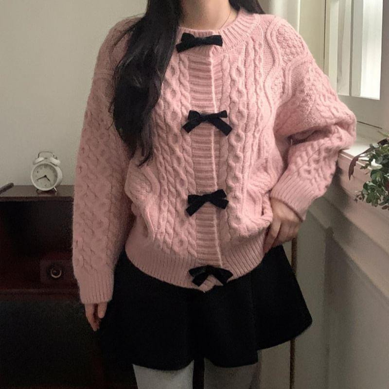 Long Sleeve Bow Accent Cable-Knit Loose-Fit Cardigan Product Image