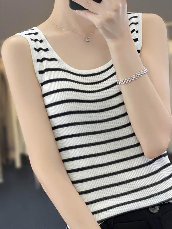 Loose Sleeveless Contrast Color Striped U-Neck Vest Top Product Image