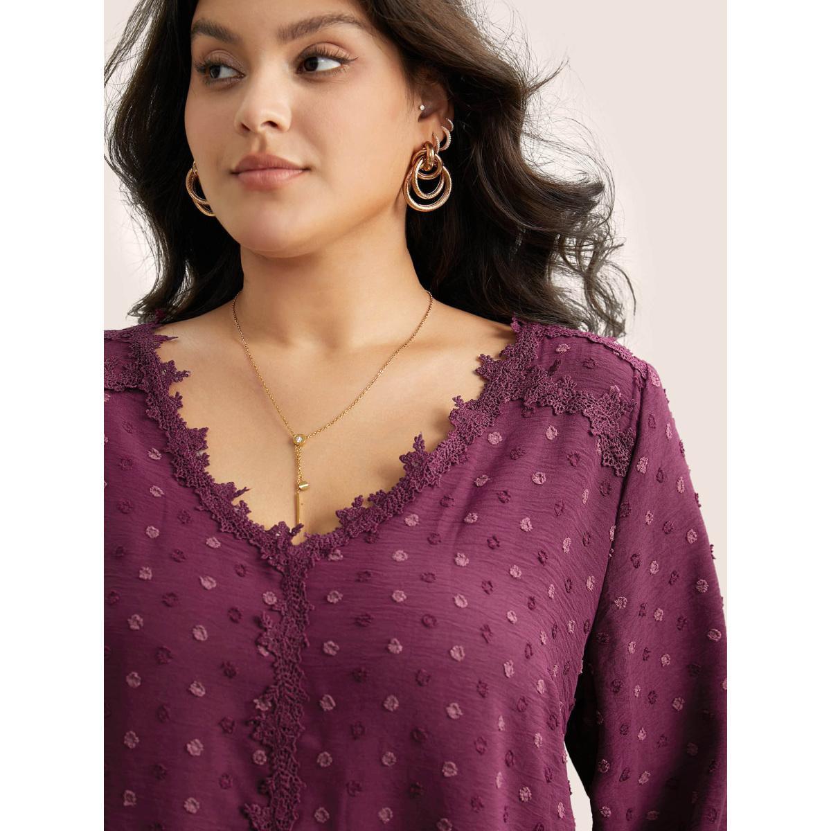 Plus Size Purple Plisse Eyelet Lace Elastic Cuffs Blouse Women Elegant Long Sleeve V-neck Everyday Blouses BloomChic 18-20/2X Product Image