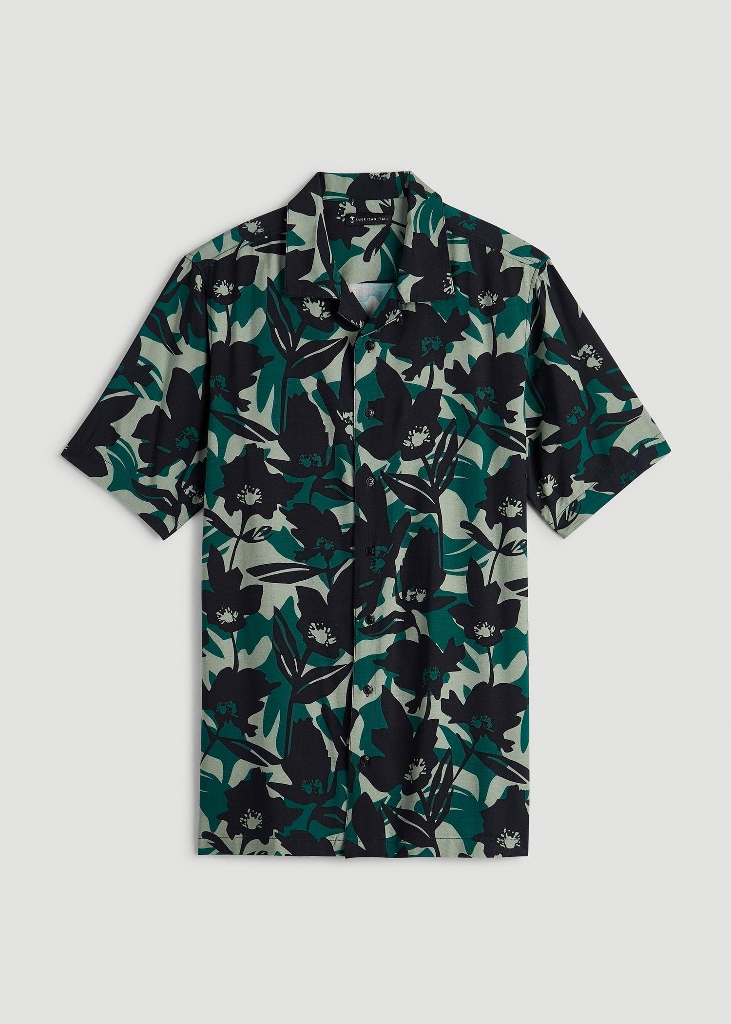 Short Sleeve Resort Shirt for Tall Men in Green and Black Floral Product Image
