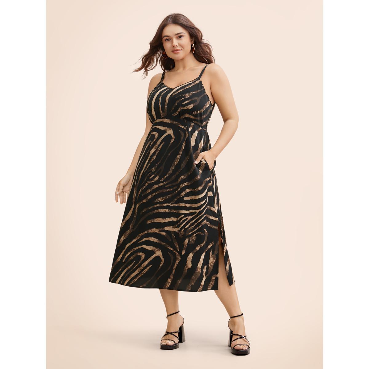 Plus Size V Neck Striped Split Hem Midi Dress Black Women Elegant Slit V-neck Sleeveless Curvy BloomChic 14-16/1X Product Image