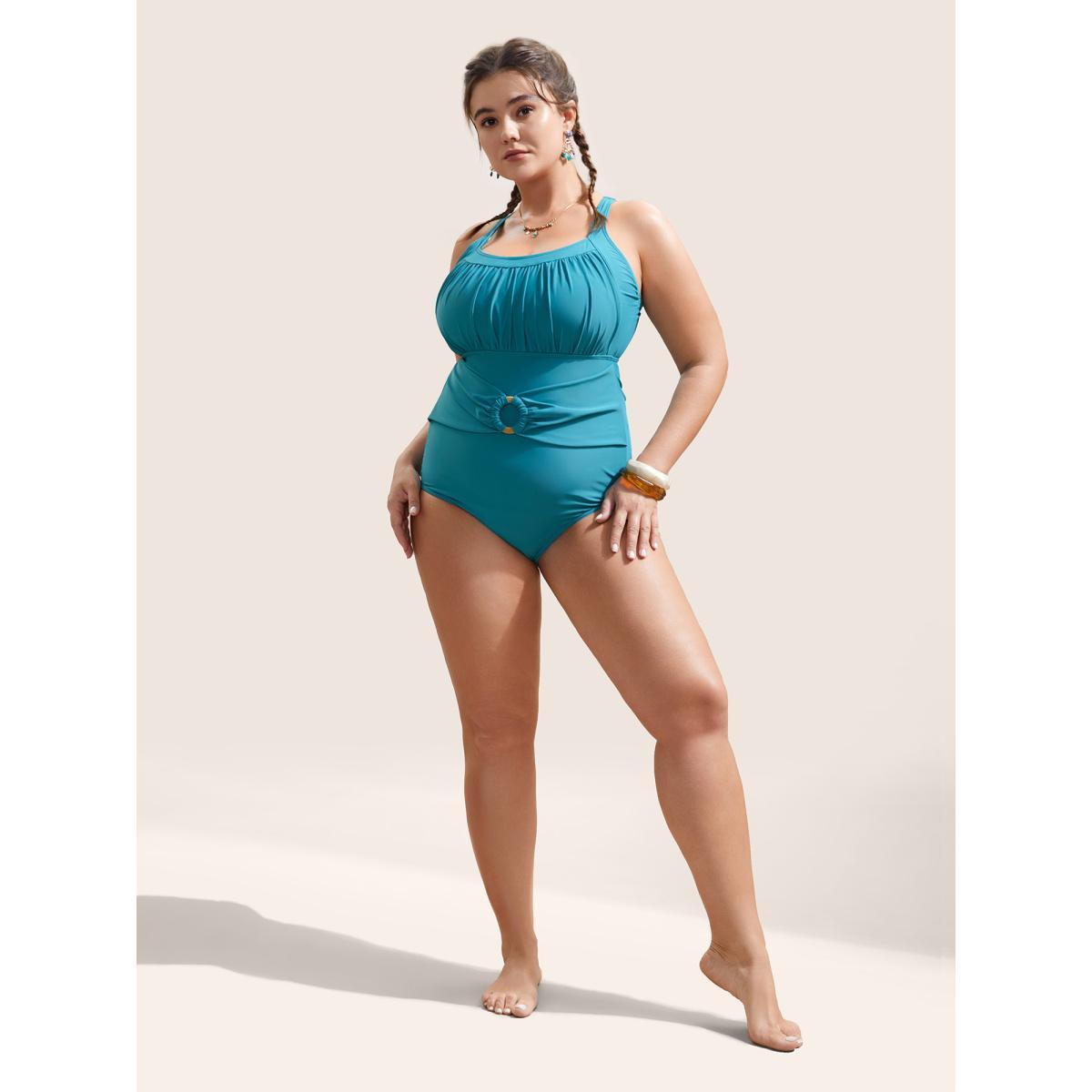 Plus Size Solid Buckle Detail Gathered One Piece Swimsuit Women's Swimwear Teal Beach Non Curve Bathing Suits High stretch One Pieces BloomChic 18-20/2X Product Image