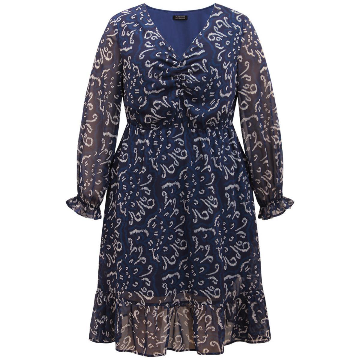 Plus Size Geometric Pocket Ruched Mesh Dress Cerulean Women Office Gathered V-neck Long Sleeve Curvy Midi Dress BloomChic 18-20/2X Product Image