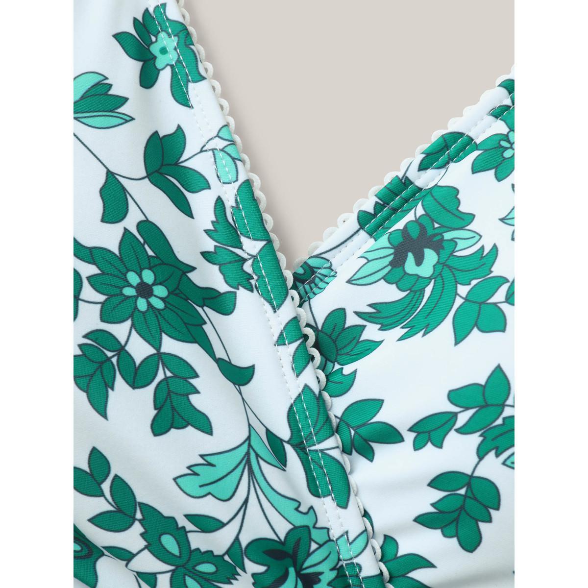 Plus Size Anti-Float Tie Floral Swim Dress Women's Swimwear DarkGreen Beach Bodycon Overlap Collar High stretch Curve Swim Dresses BloomChic 30/6X Product Image