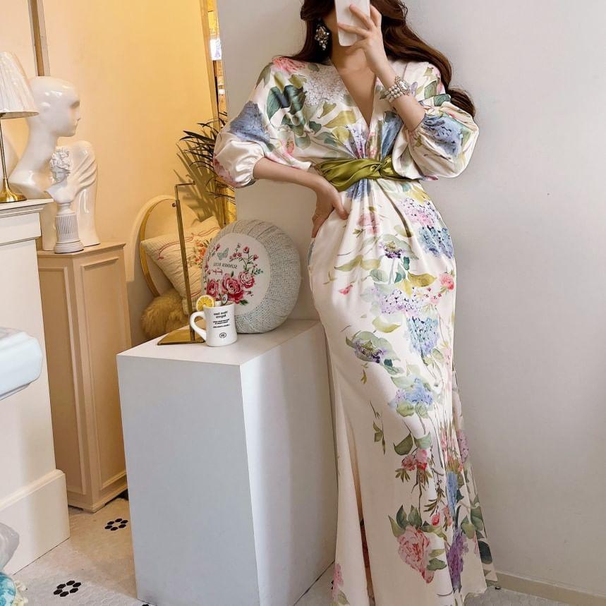 Balloon Sleeve V-Neck Floral Print Maxi Mermaid Wrap Dress Product Image