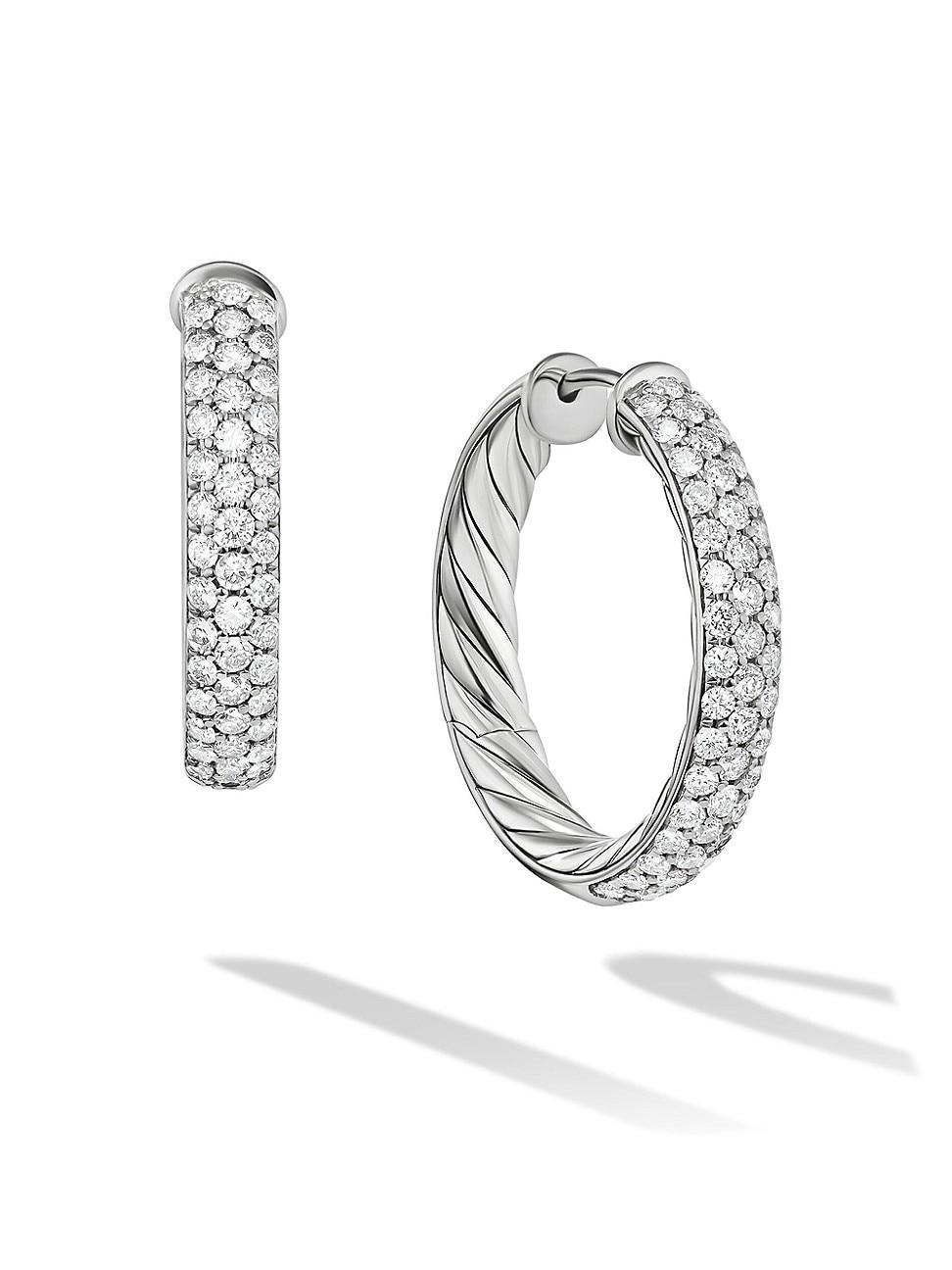 David Yurman Sculpted Cable Hoop Earrings in Sterling Silver with Pave Diamonds Product Image