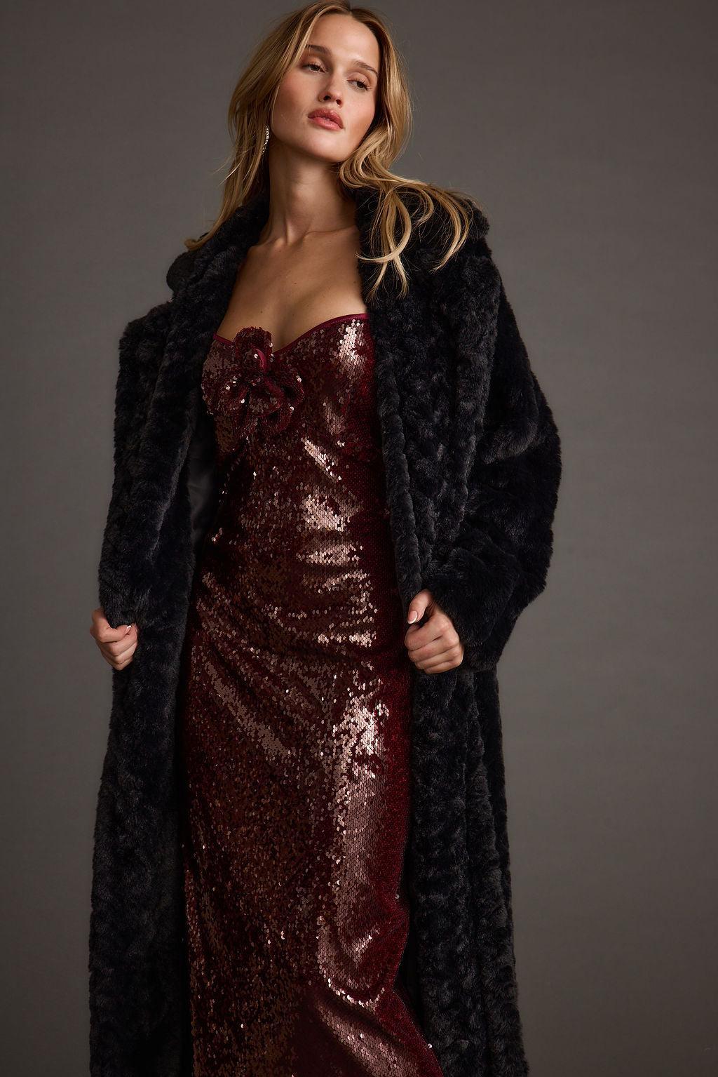All For You Merlot Sequin Rosette Midi Dress Product Image
