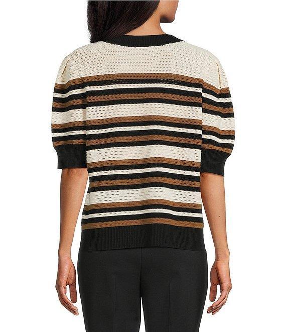 Investments Petite Size Buttercream Stripe Novelty Short Sleeve Crew Neck Sweater Top Product Image