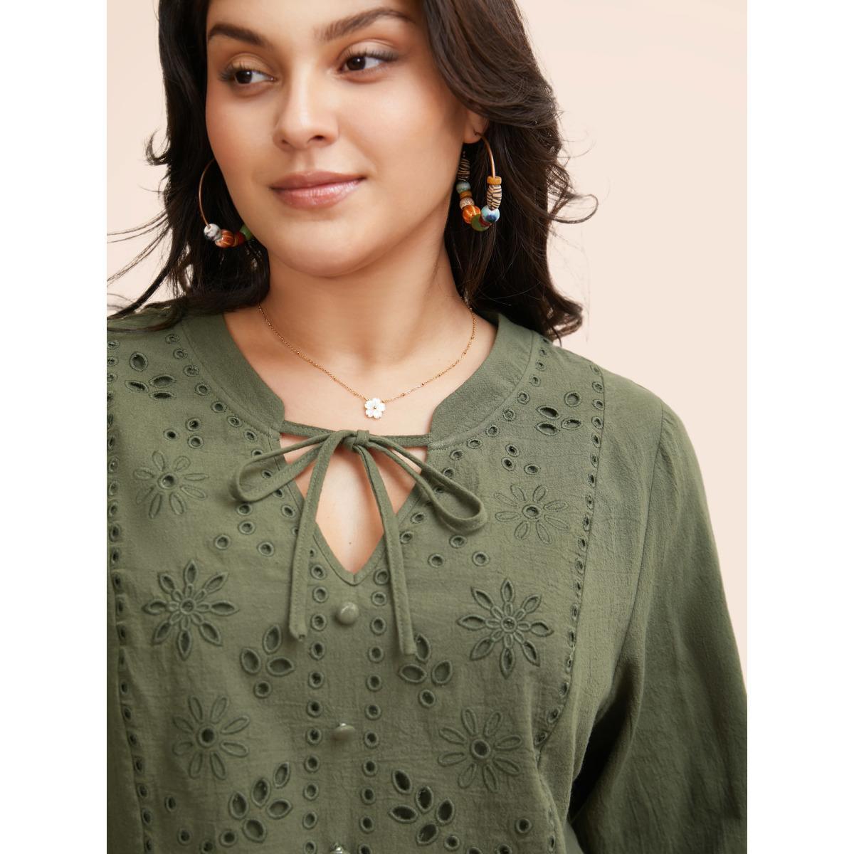 Plus Size ArmyGreen Broderie Anglaise Tie Knot Lantern Sleeve Blouse Women Resort Elbow-length sleeve Notched collar Vacation Blouses BloomChic 18-20/2X Product Image