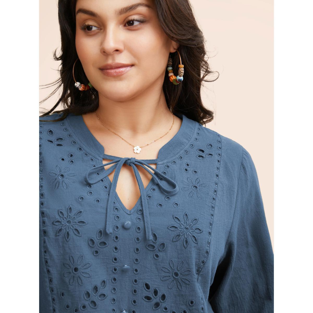 Plus Size Aegean Broderie Anglaise Tie Knot Lantern Sleeve Blouse Women Resort Elbow-length sleeve Notched collar Vacation Blouses BloomChic 28/5X Product Image
